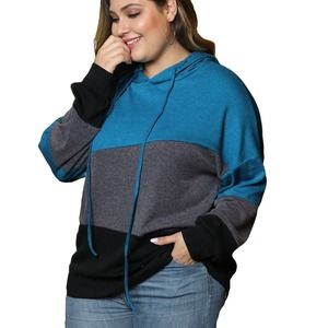 BLUE GRAY BLACK COLOR BLOCK DRAWSTRING HOODIE SIZE 1X